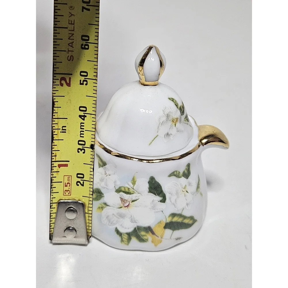 Mini Bone China Tea Set White Floral Gold Gilt Footed Cups Creamer Teapot 7pc